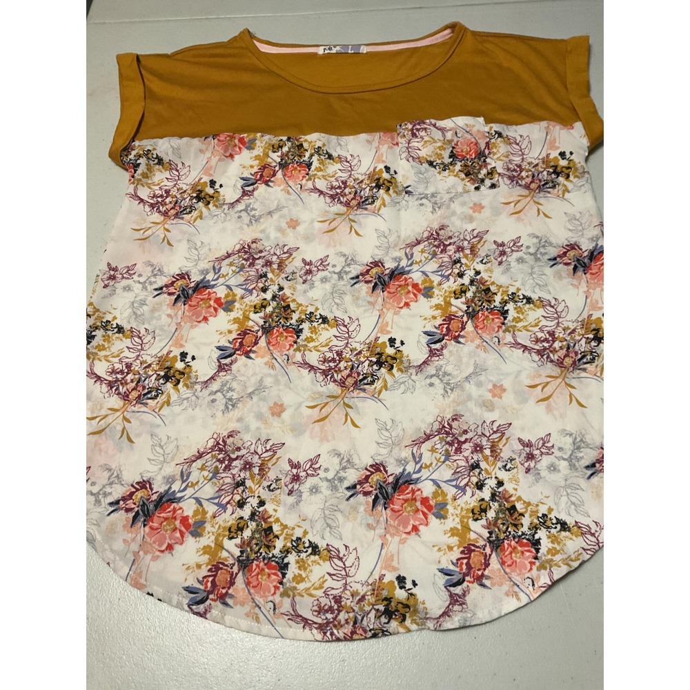 Jolt Women's Floral Print Tunic Top Mustard Yellow Short Sleeve Blouse M